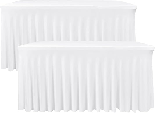 Nasitos White Table Skirt for 8 Foot Rectangle Tables, 2 Pack - 96 x 30 Inch - Stretch Spandex Fitted Table Clothes, Fabric Table Covers Cocktail Tablecloths for Party, Banquet, Birthday