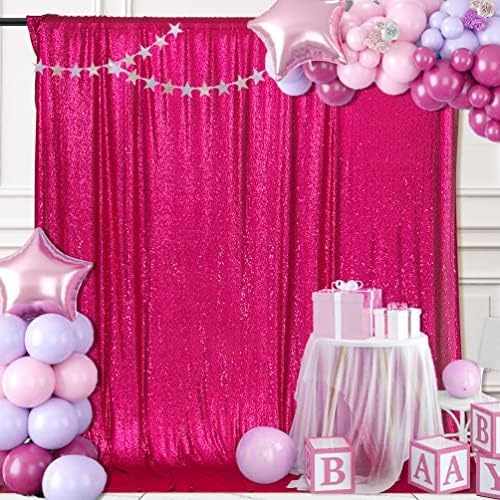 PartyDelight Hot Pink 8FT X 8FT Sparkly Sequin Backdrop Curtains for Wedding Party Room Decorations