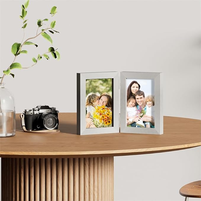 decorUhome Double 4x6 Picture Frame Vertical, Engineered Wood Bifold Photo Frame with Plexiglass for Tabletop Display, 4x6, Silver