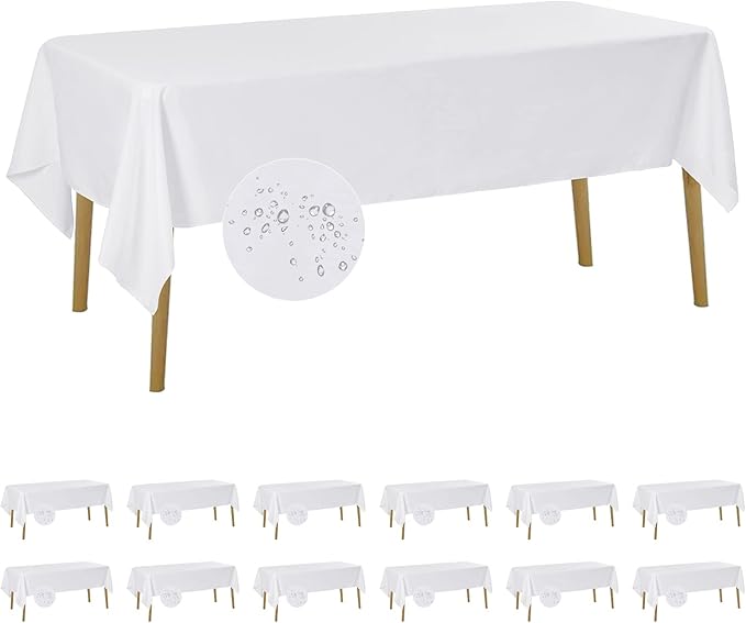 Fokitut 12 Pack Waterproof Rectangle Tablecloth, 60x102 Inch, Stain Resistant and Wrinkle Polyester Table Cloth, Fabric Table Cover for Kitchen Dining, Wedding, Party, Holiday Dinner-White