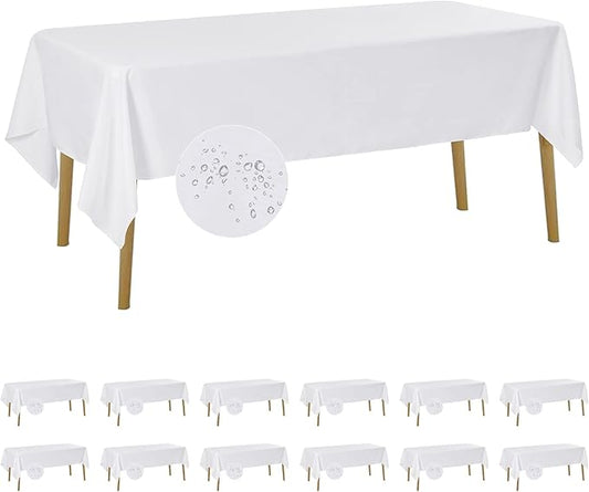 Fokitut 12 Pack Waterproof Rectangle Tablecloth, 60x102 Inch, Stain Resistant and Wrinkle Polyester Table Cloth, Fabric Table Cover for Kitchen Dining, Wedding, Party, Holiday Dinner-White