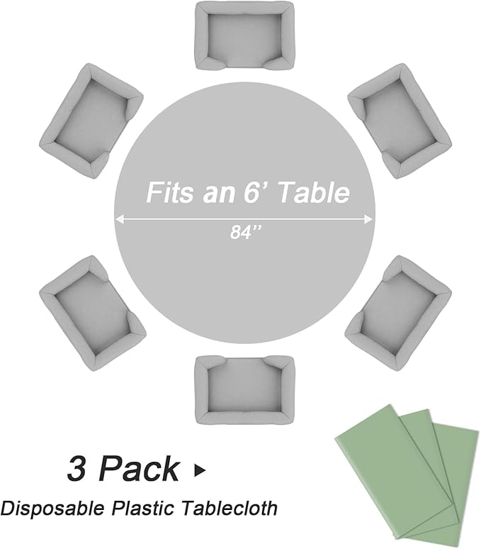 QIKSION Sage Green Round Tablecloth 3 Pack, 84 Inch Plastic Table Cover Disposable for Parties