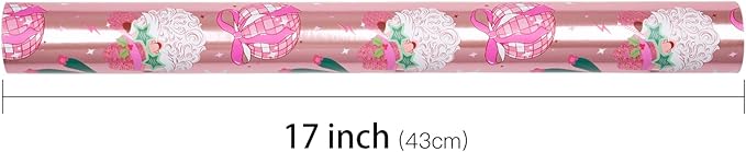 LeZakaa Pink Christmas Wrapping Paper Roll for Girls Women, Santa Disco Ball Cactus Design, Rose Gold Foil Western CowGirls Holiday Gift Wrap, Mini Roll 17 in x 16.4 Ft
