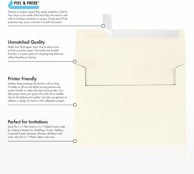 LUXPaper A7 Invitation Envelopes | Peel & Press | 5 1/4" x 7 1/4" | Natural | 80lb. Text | 30% Recycled | 1,000 Qty