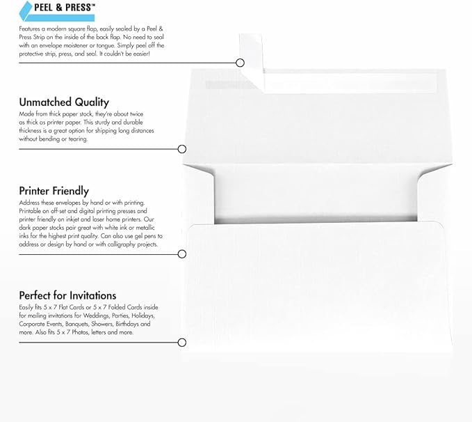 LUXPaper A7 Invitation Envelopes | Peel & Press | 5 1/4" x 7 1/4" | White Linen | 80lb. Text | 500 Qty