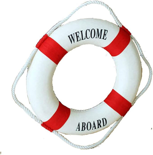 MorroMorn Lifebuoy Wall Hanging Decor - Welcome Aboard Mediterranean Style Home Decoration (Red, 14")
