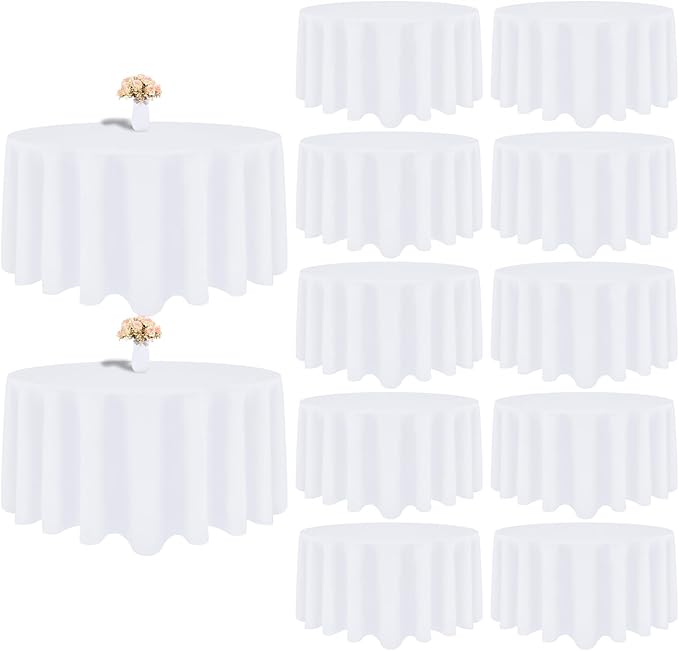 12 Pack White Round Tablecloth 108 Inch White Table Cloth Stain and Wrinkle Resistant Round White Tablecloths Reusable and Washable Polyester Fabric Table Covers for Buffet Wedding Party and Banquet