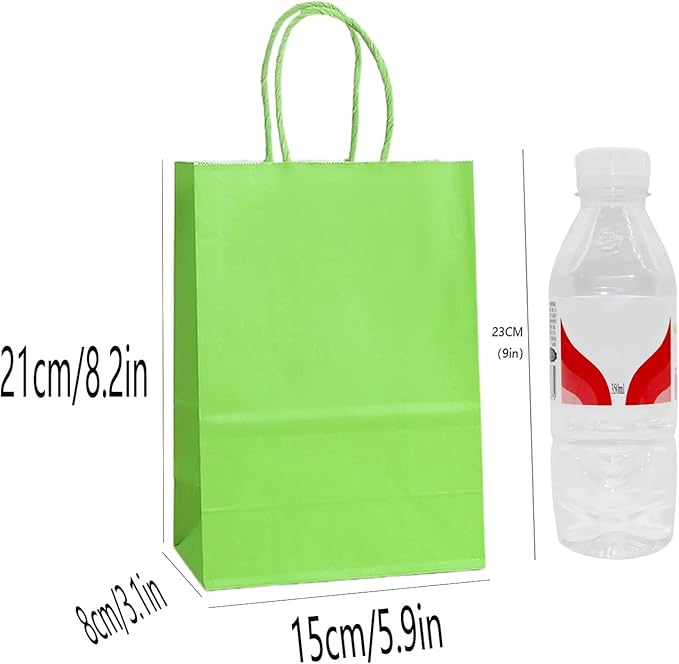 piqiya Small Plain Natural Paper Kraft Gift Bags with Handles Green Paper Bags for Saint Patrick's Day Birthday Party Grocery Retail Business Goody Craft Bags (Green，24pcs)