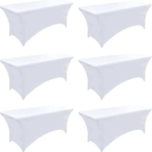 6-Pack 6ft White Spandex Table Covers for Rectangle Standard Folding Tables - Wrinkle Resistant Stretch Tablecloths - Ultimate Fitted Table Protector for Parties, Trade Shows, Wedding