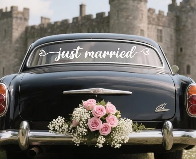 Just Married Vinyl Decal – White Wedding Car Sticker, 28 x 3.8 inch, Just Married Car Window Decal for Newlyweds, Waterproof Wedding Decoration for Rear Windshield or Bumper.