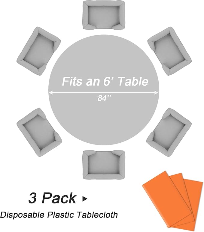 QIKSION Orange Round Tablecloth 3 Pack, 84 Inch Plastic Table Cover Disposable for Parties
