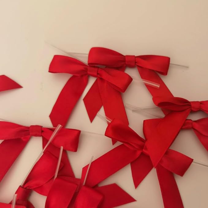 50pcs 2-1/2" Red Satin Ribbon Bows with Twist Ties for Gift Wrapping Packing Christmas Decoration (Red)