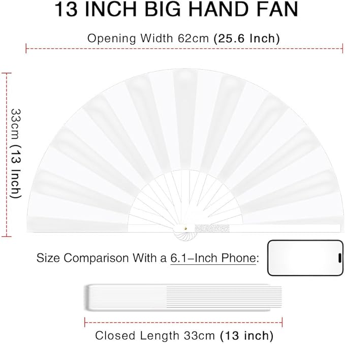 13" Large Folding Rave Fan with Holster, Clack Hand Fans Foldable for Line Dancing, Boots On The Ground Fan for Women Men Festival EDM Party Decoration, White