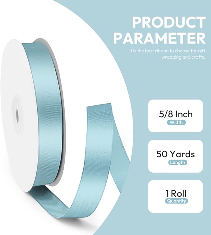 5/8" x 50 Yards Satin Ribbon - Light Blue Silk Ribbon with Spool - Ideal for Gift Wrapping, Floral Bouquets, Crafts, Wedding Party Decorations, Christmas and Sewing Projects