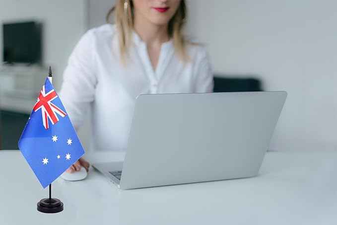 WXTWK 2 Pack Australia Flag Australia Deluxe Desk Flag Set - Mini Small Australian Table Office Flags with Black 12" Solid Pole Stand Base Classroom Meeting Desktop Decorations