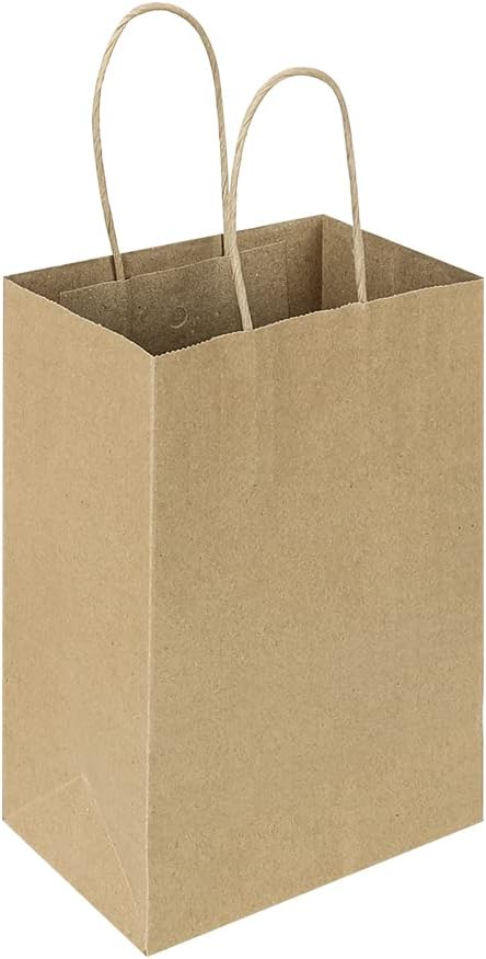 Oikss 50 Pack 5.25x3.25x8.25 Inch Small Brown Gift Bags with Handles Bulk for Birthday Party Favors Grocery Retail Shopping Business Goody Kraft Craft Paper Bags Cub Sacks (Plain Natural 50 Count)