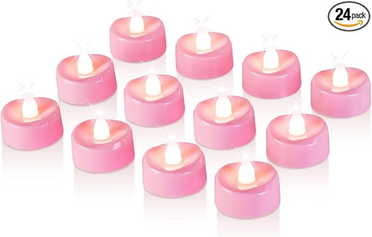 Raycare Pink LED Tea Lights Battery Operated, 200+Hour Flickering Votive Candles,Realistic Fake Flameless Tea Lights for Wedding Party Halloween Thanksgiving Christmas Decorations, 24 Pack