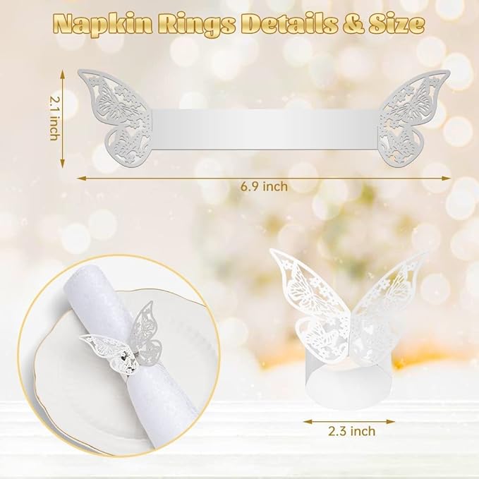150 Pcs Napkin Rings Laser Cut Butterfly Shape Foil Paper Napkin Holder for Weddings Party Serviette Table Decoration Restaurant (Silver)