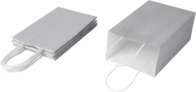 Oikss 50 Pack 5.25x3.25x8.25 Inch Small Gray Kraft Paper Bags with Handles Bulk for Birthday Wedding Party Favors Grocery Retail Shopping Business Goody Craft Gift Bags Sacks (Silver Grey 50 Count)
