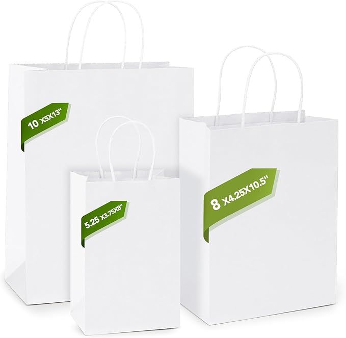 MESHA Kraft Gift Bags 200 Pack 5.25x3.75x8 Inch Small White Paper Bags with Handles Bulk for Small Business,Birthday,Party,Wedding,Retial,Shopping Bag