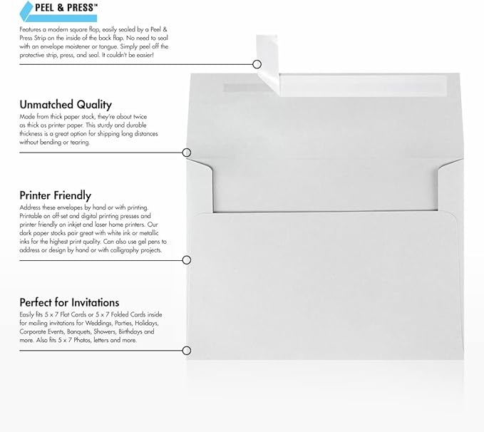 LUXPaper A7 Invitation Envelopes | Peel & Press | 5 1/4" x 7 1/4" | Gray | 80lb. Text | 100% Cotton | 1,000 Qty
