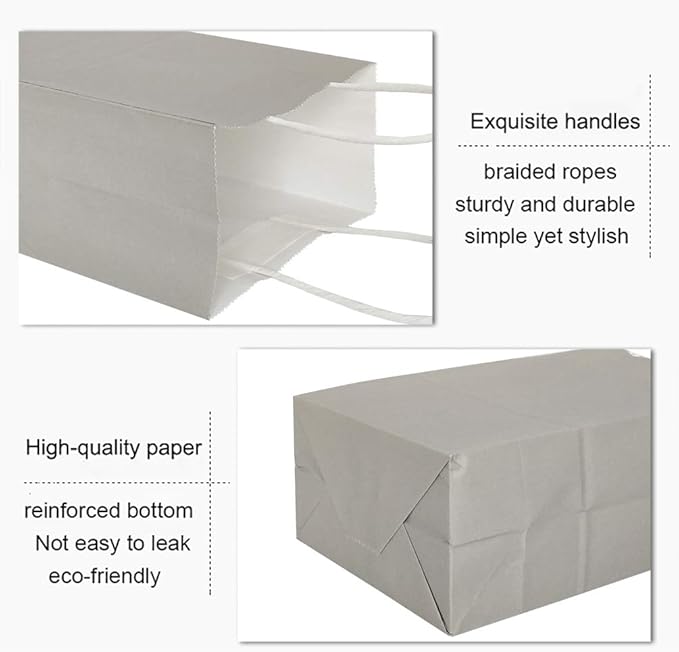 25 PCS Small Gift Bags Flat Gray Kraft Paper Bags with Handles for Party Favor (8.2 x 6 x 3.1 In)