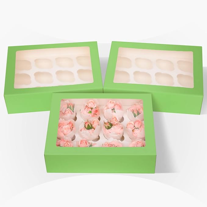 12 Cupcake Containers 10-Packs Avocado Cupcake Box Cupcakes Carrier, 12 Cupcake Boxes with Window 13"x10"x3.5"（Auto-pop up）