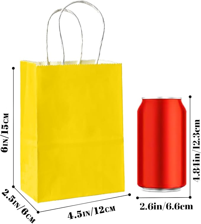 Bakepacker 100 Pcs Bright Yellow Mini Paper Gift Bags with Handles 6"x4.5"x2.5" Party Favor Bags Multiple Uses (Mini size)