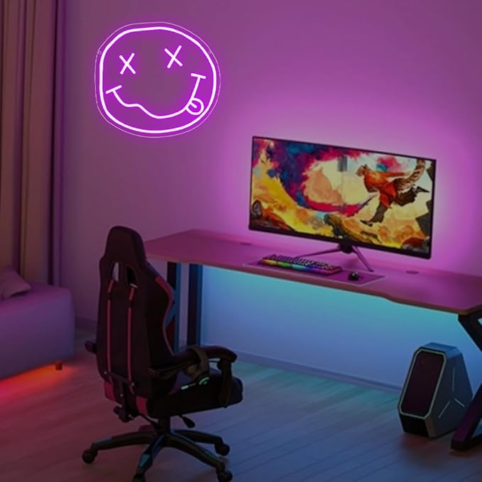 Smiley Face Neon Sign,Melting Smile Face LED Light Signs for Backdrop,Purple Wall Art Decor for Bar Bedroom Kids Room Party Decorations,Gift for Kids Teens Women USB Powered（11.8"*10.8"）