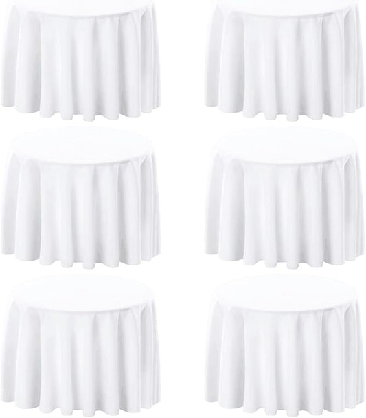6 Pack White 60 Inch Round Tablecloths. Stain and Winkle Resistant Polyester Washable White Table Cloths for Parties Wedding Dining