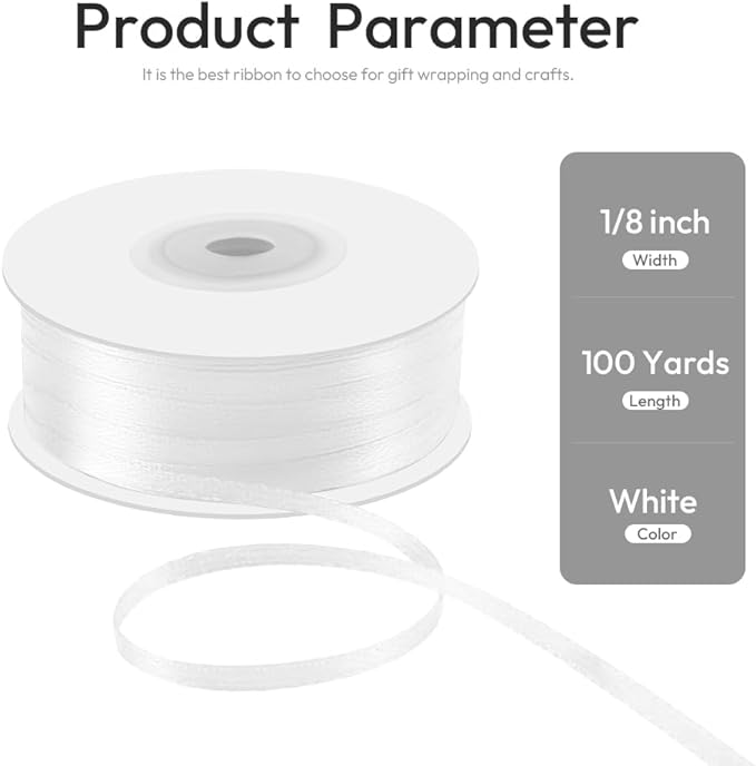 1/8" x 100 Yards Double Faced Satin Ribbon - Thin Silk White Ribbon with Spool - Ideal for Gift Wrapping, Floral Bouquets, Crafts, Wedding Party Decorations, Christmas and Sewing Projects