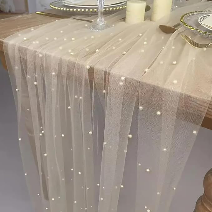 EHLDekol Pearl Table Cloth Elegant Polyester Table Runner with Artificial Pearl Accents Extra Long 10ft 60 x 120 Inches Pearl Tulle Table Runner for Wedding (60inch Width, Champagne, 1 Piece)