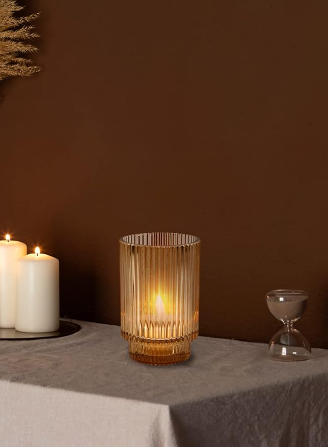 Serene Spaces Living Amber Ribbed Glass Votive Holder, Decorative Centerpiece for Wedding, Christmas, Thanksgiving, Party, Dining Table, Living Room, Home Décor, Measures 3.25" Diameter and 5" Tall