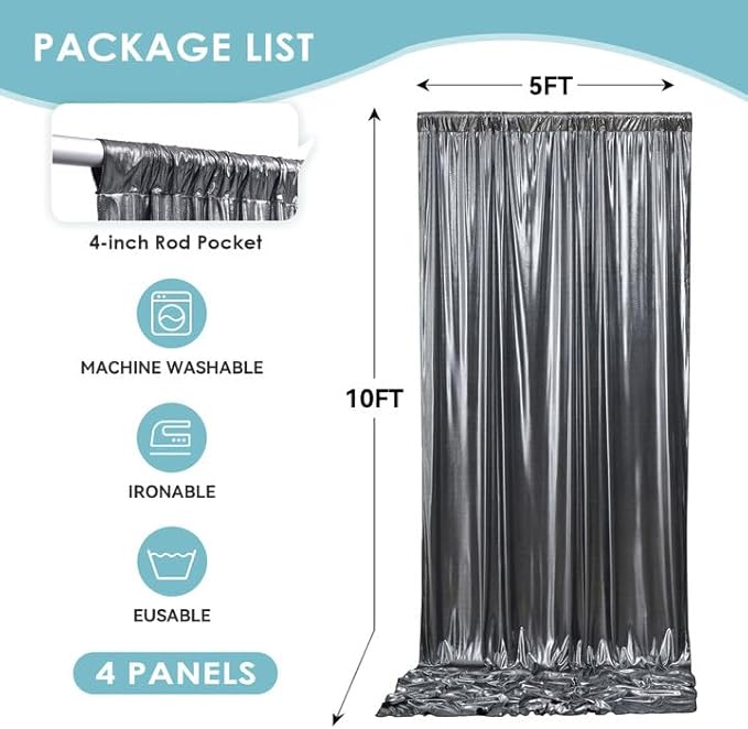 gogoparti 20x10FT Charcoal Silver Sequin Backdrop Curtain - 4 Panels of 5x10FT Wrinkle-Free Glitter Drapes for Photography, Birthdays, Weddings & Graduations