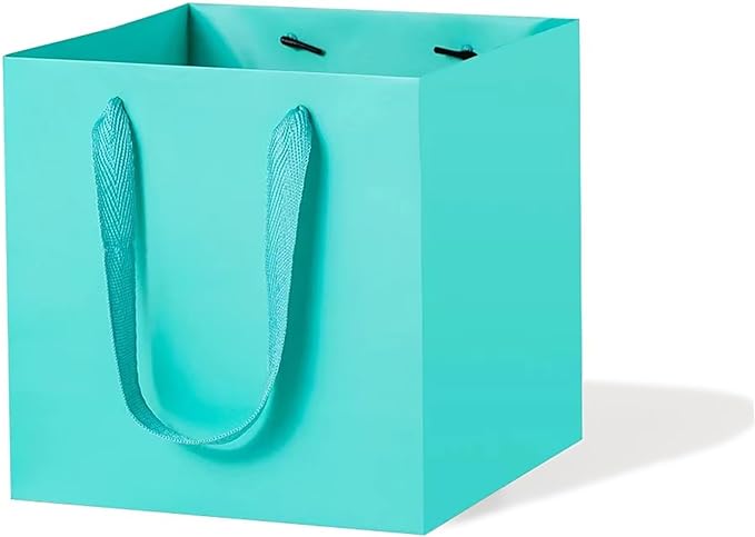 Teal Blue Paper Gift Bag Small Square Bottom Kraft Paper Bags with Handles for Wedding Baby Shower Birthday Party (Teal Blue, 8 x 8 x 8 in, 10 CT)