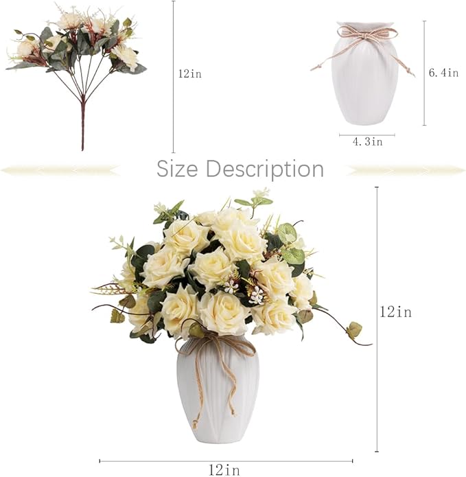 LESING Artificial Rose with Vase,Fake Silk Flowers Bouquets in Vase Table Centerpiece Arrangement for Kitchen Living Room (Champange)