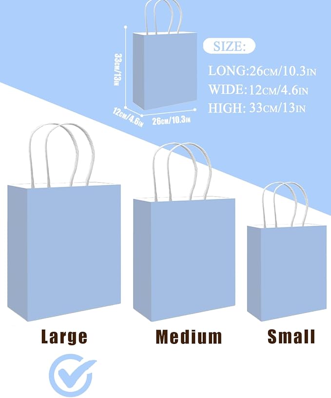 qiqee 100PCS Gift Bag with Handles Bulk Light Blue Paper Bags Multiple Uses (13''x5 x10 inch Large Size)