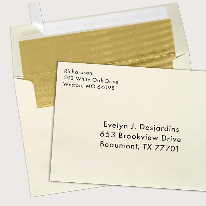 LUXPaper A7 Foil Lined Invitation Envelopes | Peel & Press | 5 1/4" x 7 1/4" | Natural w/Gold LUX Lining | 70lb. Text | 50 Qty