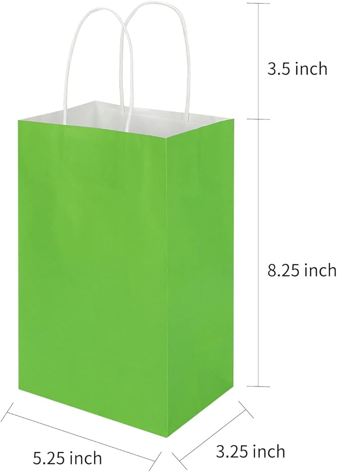 50 Pack 5.25x3.25x8.25 Inch Small Grass Green Kraft Paper Bags with Handles Bulk, Toovip Gift Wrap Bags for Favors Grocery Retail Party Birthday Shopping Business Goody Craft Merchandise Take Out Sacks