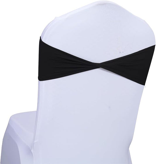 MDS Pack of 50 Spandex Chair Sashes Bows Elastic Stretch Dining Chair Bands Ties Without Slider Buckle Universal fits for Wedding Baby Shower Birthday Party Banquet Event Decoration - Black