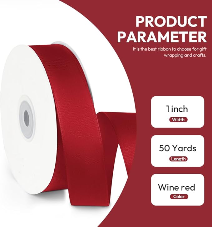 1" x 50 Yards Satin Ribbon - Burgundy Silk Ribbon with Spool - Ideal for Gift Wrapping, Floral Bouquets, Crafts, Wedding Party Decorations, Christmas and Sewing Projects