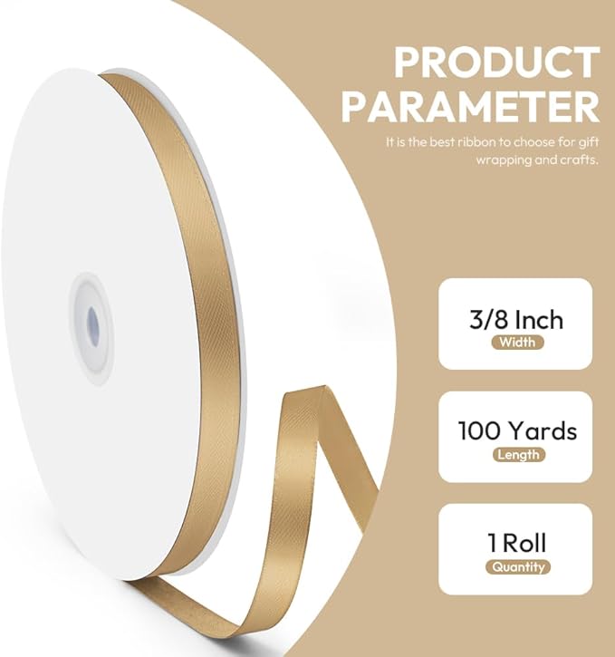 3/8" x 100 Yards Satin Ribbon - Champagne Gold Silk Ribbon with Spool - Ideal for Gift Wrapping, Floral Bouquets, Crafts, Wedding Party Decorations, Christmas and Sewing Projects