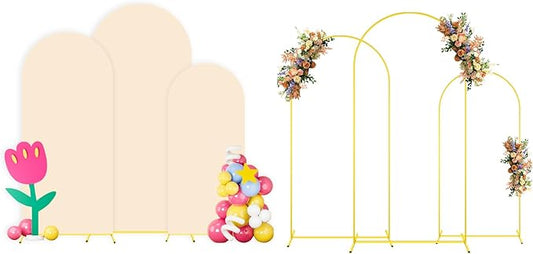 Wedding Arch Stand with Beige Spandex Fitted Arch Backdrop Cover Set 6FT 6.6FT 7.2FT Round Top Chiara Backdrop Stands and Covers for Birthday Party Baby Shower Banquet Decoration