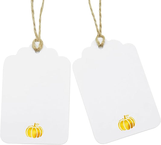 100 Pcs Blank Gift Tags with String Gold Foil Pumpkin Large White Paper Gift Tags with 65 Ft Jute Twine Cute Tags for Halloween Autumn Fall Harvest Thanksgiving Gift Wrap Tags