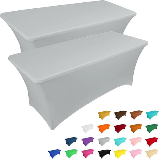 IVAPUPU 2 Pack 8FT Table Cloth for Rectangular Fitted Events Stretch Grey Table Covers Washable Cover Spandex Tablecloth Protector for Party, Wedding, Cocktail, Banquet, Festival
