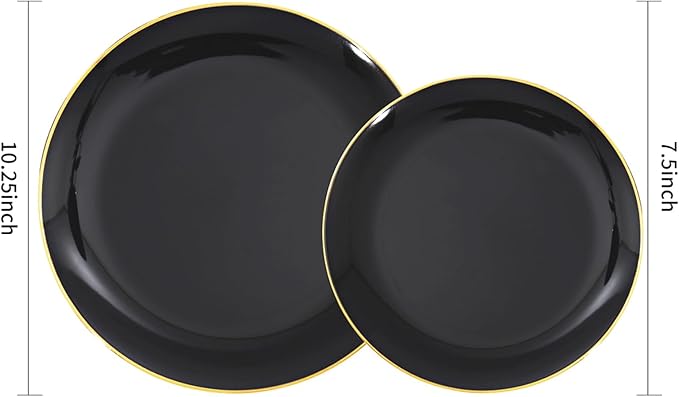 KIRE 100PCS Black and Gold Plates - Black Plastic Plates Disposable with Gold Rim for Halloween Party/Wedding/Birthday Include 50Pcs 10.25inch for Dinner and 50Pcs 7.5inch for Dessert/Salad