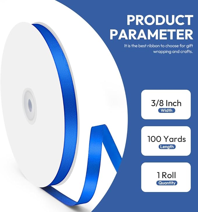 3/8" x 100 Yards Satin Ribbon - Royal Blue Silk Ribbon with Spool - Ideal for Gift Wrapping, Floral Bouquets, Crafts, Wedding Party Decorations, Christmas and Sewing Projects
