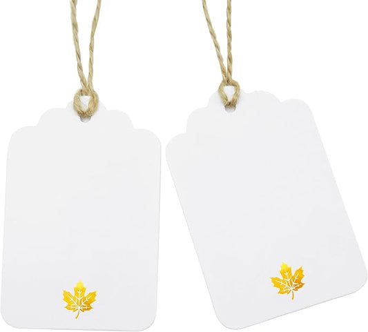 100 Pcs Blank Gift Tags with String Gold Foil Maple Leaf Fall Large Gift Tags with 65 Ft Jute Twine White Paper Cute Tags for Fall Autumn Thanksgiving Harvest Party Gift Wrap Tags