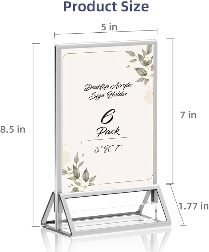 Clear Acrylic Sign Holder 5X7 with Silver Borders Display Stand, Double Sided Acrylic Picture Frames Plastic Sign Holder for Wedding Table Numbers Menu Holder (6 Pack)