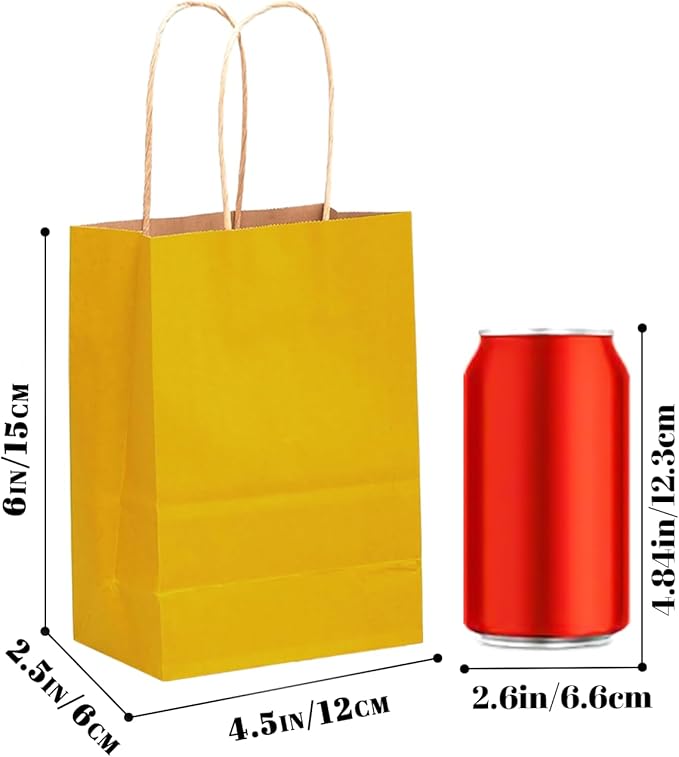 qiqee 24 Pcs Bright Yellow Mini Paper Gift Bags with Handles 6"x4.5"x2.5" Small Brown Kraft Party Favor Bags Multiple Uses (Mini size)